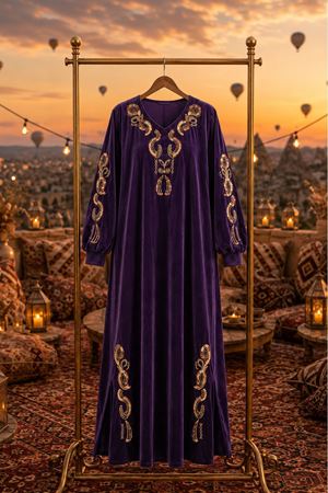 Kadın nakış detaylı kadife uzun kaftan elbise ALA111 ( STD-36-46 )