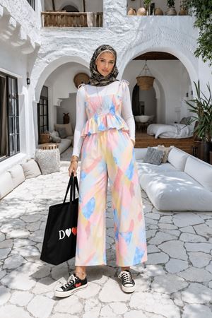 Kadın renkli askılı crop bluz bol paça pantolon ikili takım DKMRS004