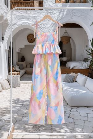 Kadın renkli askılı crop bluz bol paça pantolon ikili takım DKMRS004