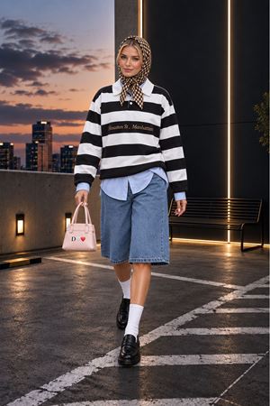 Kadın oversize çizgili yakalı kadın sweatshirt DKHF040