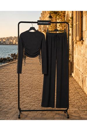 Kadın büzgü detaylı crop bluz bol paça pantolon ikili takım CLT022