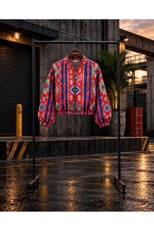 Kadın fuşya desenli kısa premium bomber ceket DKMN04