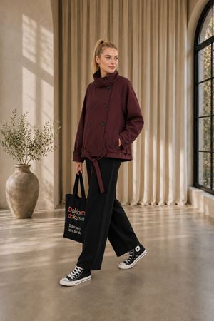 Kadın dik yaka kurdale bağlamalı premium kısa trençkot DKHF002 ( STD - 36-42 )