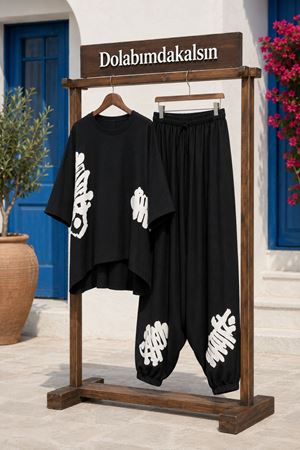Kadın baskı detaylı oversize tişört şalvar pantolon ikili bohem takım ALA110 ( STD-36-48 )