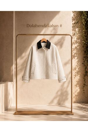 Kadın kare desenli kontrast yaka detaylı fermuarlı kısa ceket EFL013 ( STD-36-42 )
