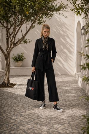 Kadın taş detaylı kuşaklı blazer ceket ve bol paça pantolon takım DKMRS003