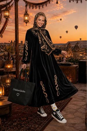 Kadın nakış detaylı kadife uzun kaftan elbise ALA111 ( STD-36-46 )