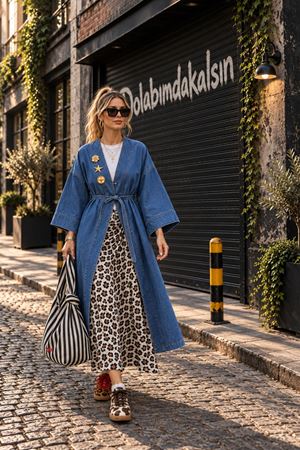Kadın kot kimono uzun kuşaklı ceket TG028