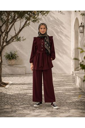 Kadın fırfır detaylı kuşaklı tunik bol paça pantolon ikili tesettür takım TG021
