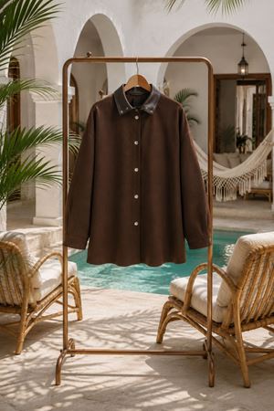 Kadın deri yaka detaylı çıtçıt düğmeli oversize ceket DKHF013