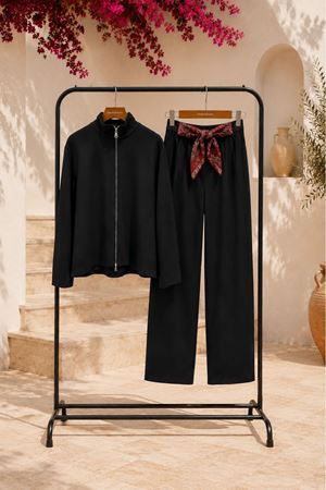Kadın fermuarlı ceket bol paça pantolon ikili premium takım EFL021