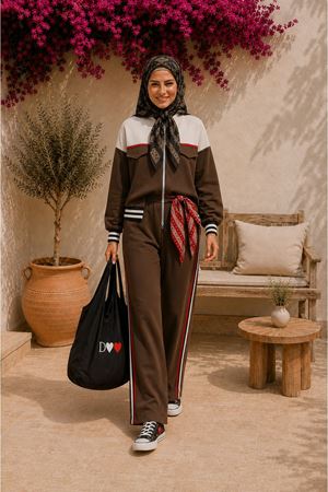 Kadın fermuarlı üst şerit detaylı bol paça eşofman ikili takım DKEF08