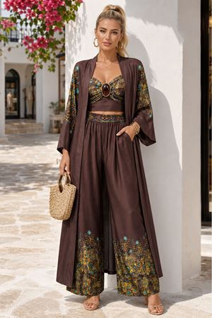 Kadın kahverengi desenli büstiyer kimono pantolon üçlü premium takım DKMN01
