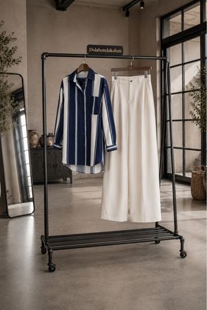 Çizgili cep detaylı oversize kadın gömlek DKMRS012