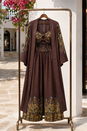 Kadın kahverengi desenli büstiyer kimono pantolon üçlü premium takım DKMN01