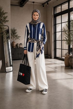 Çizgili cep detaylı oversize kadın gömlek DKMRS012