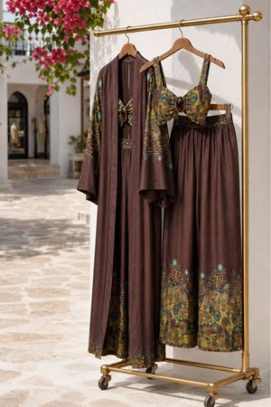 Kadın kahverengi desenli büstiyer kimono pantolon üçlü premium takım DKMN01