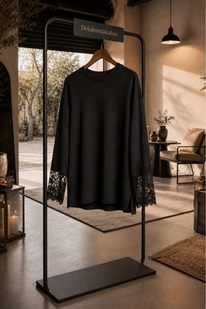 Dantel kol detaylı bisiklet yaka oversize kadın bluz DKMRS09