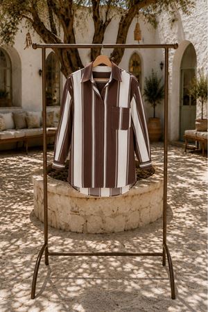 Çizgili cep detaylı oversize kadın gömlek DKMRS012