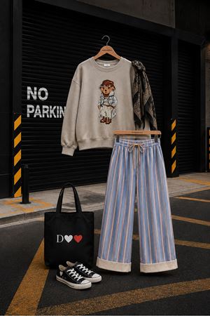 Kadın gri ayıcık baskılı bisiklet yaka oversize kadın sweat DKHF038