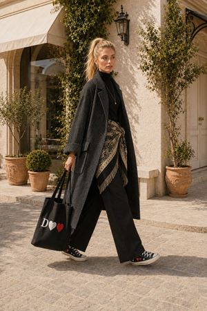 Kadın balıksırtı desenli oversize kaşe kaban DKHF033