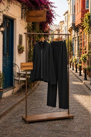 Kadın fermuarlı üst bol paça pantolon ikili takım EFL026