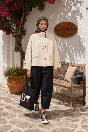 Kadın dik yaka düğmeli kısa cepli oversize kaban EFL022 (STD-36-42)