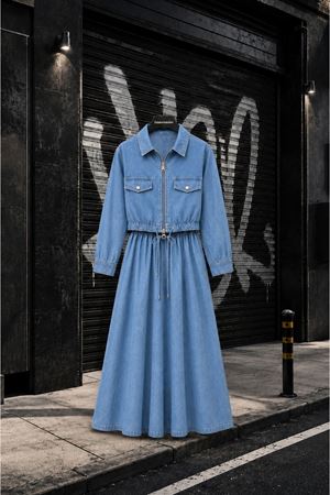 Fermuarlı ceketli denim uzun etek takım TG026