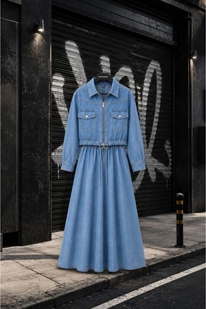 Fermuarlı ceketli denim uzun etek takım TG026