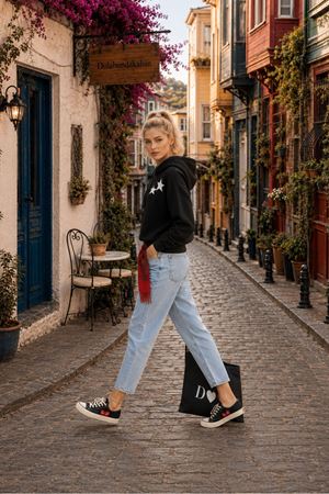 Kadın yıldız baskılı kapüşonlu oversize sweatshirt CLT030