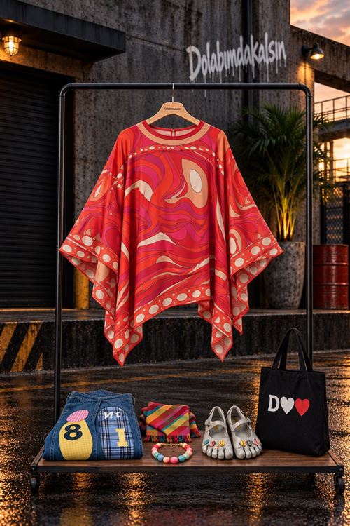 Kadın kırmızı etnik desenli oversize bluz DKHF045