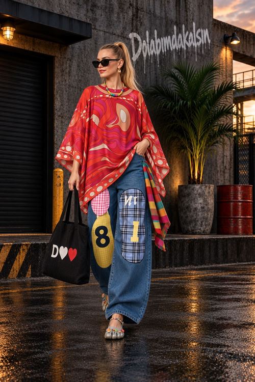 Kadın kırmızı etnik desenli oversize bluz DKHF045