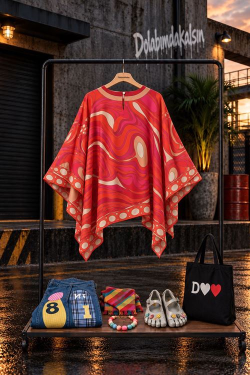 Kadın kırmızı etnik desenli oversize bluz DKHF045