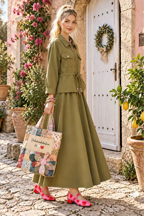 Kadın Fermuarlı Beli Bağcıklı Ceket Uzun Etek İkili Tesettür Takım TG030