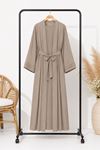 Kadın bej kuşak detaylı ikili takım uzun kimono elbise tesettür set ALA068