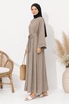 Kadın bej kuşak detaylı ikili takım uzun kimono elbise tesettür set ALA068
