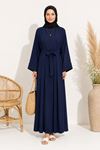 Kadın lacivert kuşak detaylı ikili takım uzun kimono elbise tesettür set ALA068