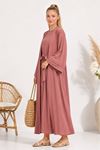 Kadın pembe kuşak detaylı ikili takım uzun kimono elbise tesettür set ALA068
