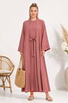 Kadın pembe kuşak detaylı ikili takım uzun kimono elbise tesettür set ALA068