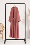 Kadın pembe kuşak detaylı ikili takım uzun kimono elbise tesettür set ALA068
