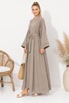Kadın bej kuşak detaylı ikili takım uzun kimono elbise tesettür set ALA068