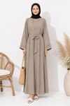 Kadın bej kuşak detaylı ikili takım uzun kimono elbise tesettür set ALA068