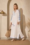akış detaylı kadın uzun hakim yaka püsküllü bağcıklı rahat kesim bohem elbise ALA095