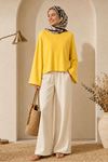 Kadın sarı oversize düşük omuz bisiklet yaka basic bluz TG006