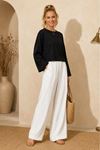 Kadın siyah oversize düşük omuz bisiklet yaka basic bluz TG006