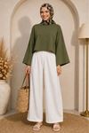Kadın yeşil oversize düşük omuz bisiklet yaka basic bluz TG006