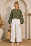 Kadın yeşil oversize düşük omuz bisiklet yaka basic bluz TG006