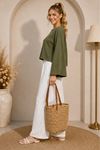 Kadın yeşil oversize düşük omuz bisiklet yaka basic bluz TG006