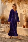 Kadın V yaka nakış detaylı oversize otantik kadife elbise ALA101 ( STD - 36-46 )