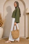 Kadın yeşil oversize düşük omuz bisiklet yaka basic bluz TG006